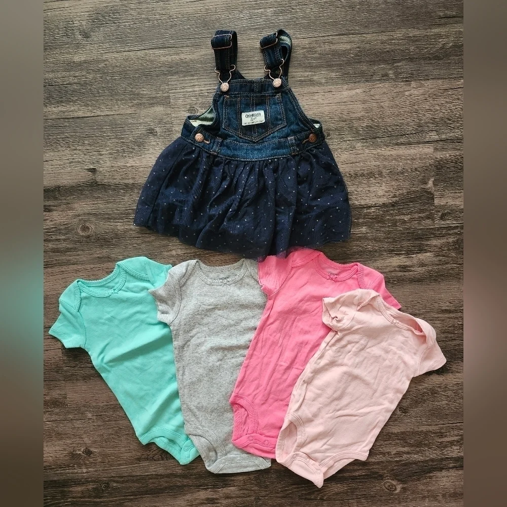 OshKosh B'gosh Navy Tulle Overalls Dress with Colorful Onesies